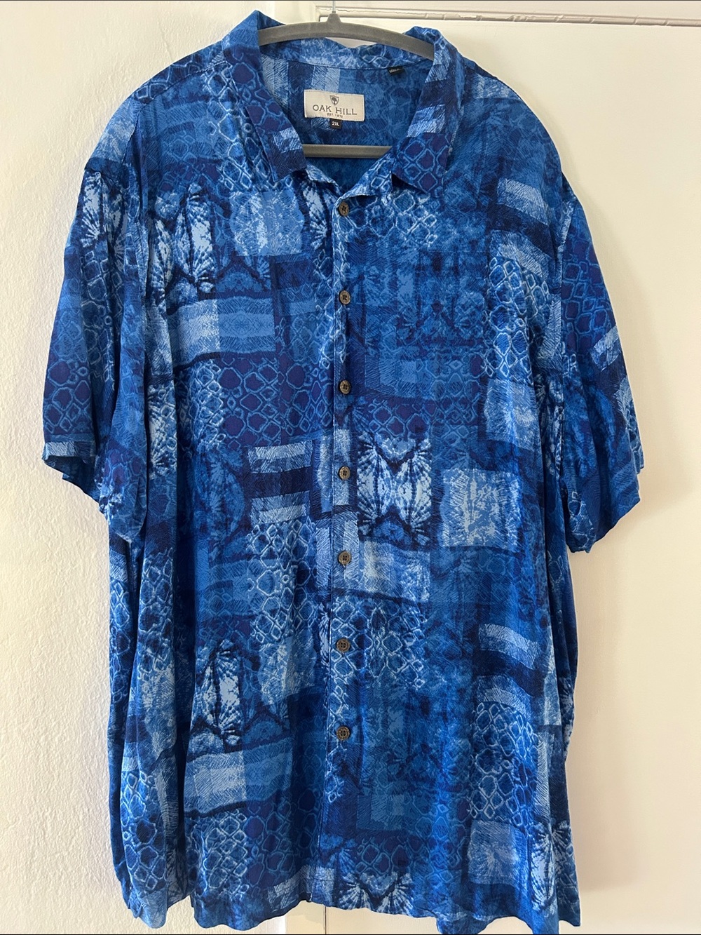 Oak Hill Men's Blue Patterned Short-Sleeve Button-Up Shirt 2XL